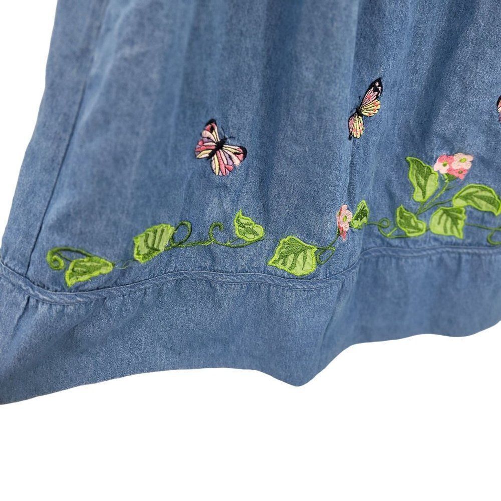 Vintage Denim Midi Dress S Blue Floral Butterfly Embroidered Puff Sleeve Kidcore - Picture 7 of 16